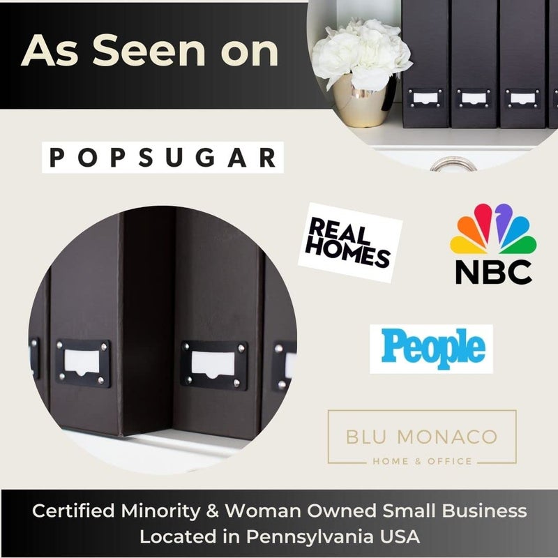 BLU MONACO Foldable Black Magazine File Holder â€“ Set of 6 | Cardboard Desk File Organizer Boxes with Leather Label Holders | Vertical Magazine Storage for Office, Classroom & Home - Image 3